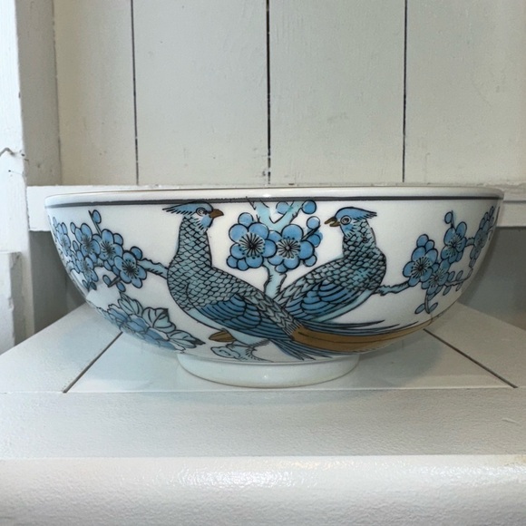 Gold Imari Hand-Painted Porcelain Bowl Birds & Floral Design Vintage Blue & Gold - Picture 4 of 12